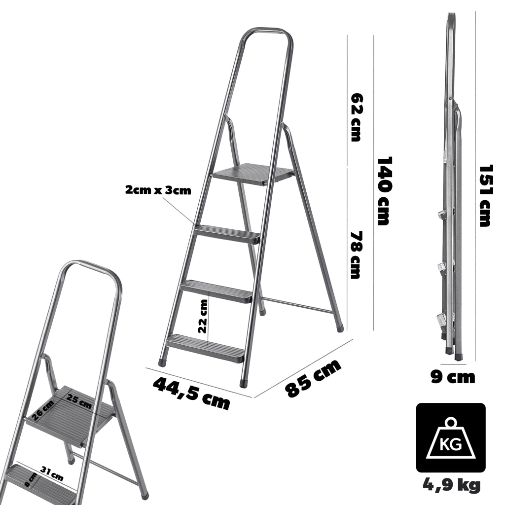 Scala in acciaio KADAX a 4 gradini, pieghevole, robusta, portata massima 125 kg.