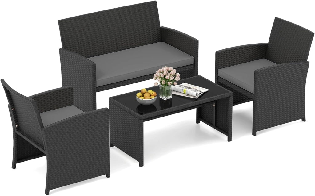 Set Salotto da Giardino 4 Pezzi, Divanetto e Poltrone in Rattan con Tavolino da Caffè in Vetro Temperato, Set di Mobili da Esterno Imbottiti per Cortile, Veranda e Bordo Piscina (Grigio)