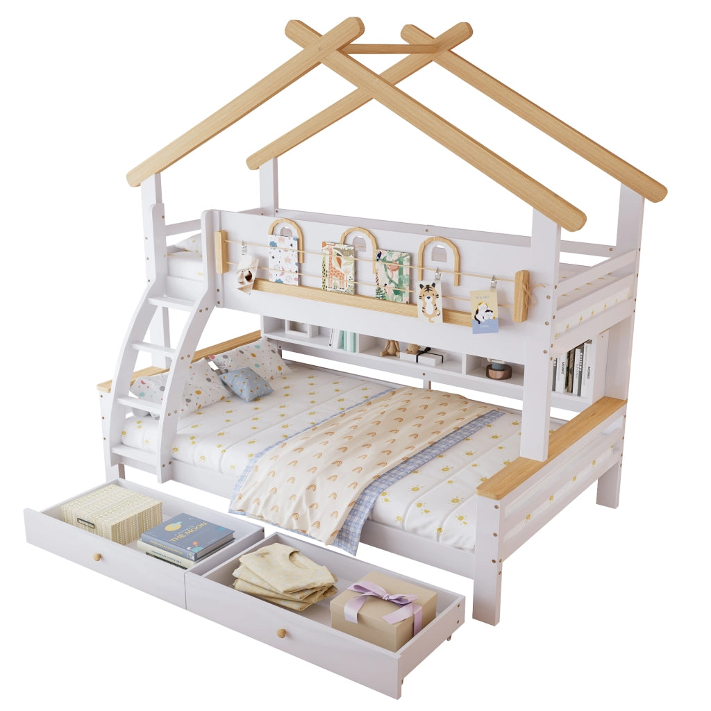 Letto a Castello 90x200 cm e 120x200 cm con 2 Cassetti; Scala e Mensola; Bianco Naturale