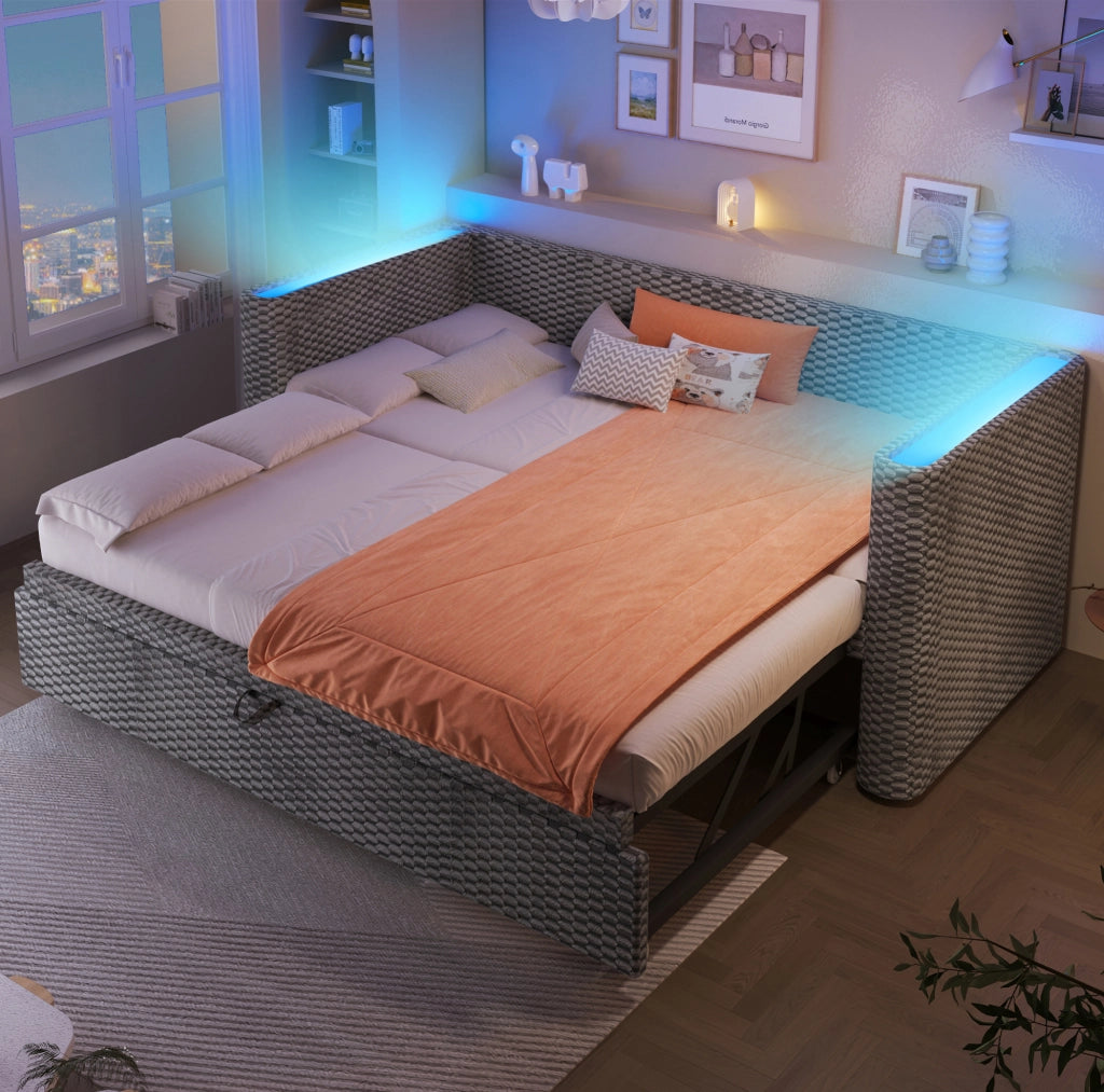 Letto 90x200 cm con letto estraibile e LED in velluto