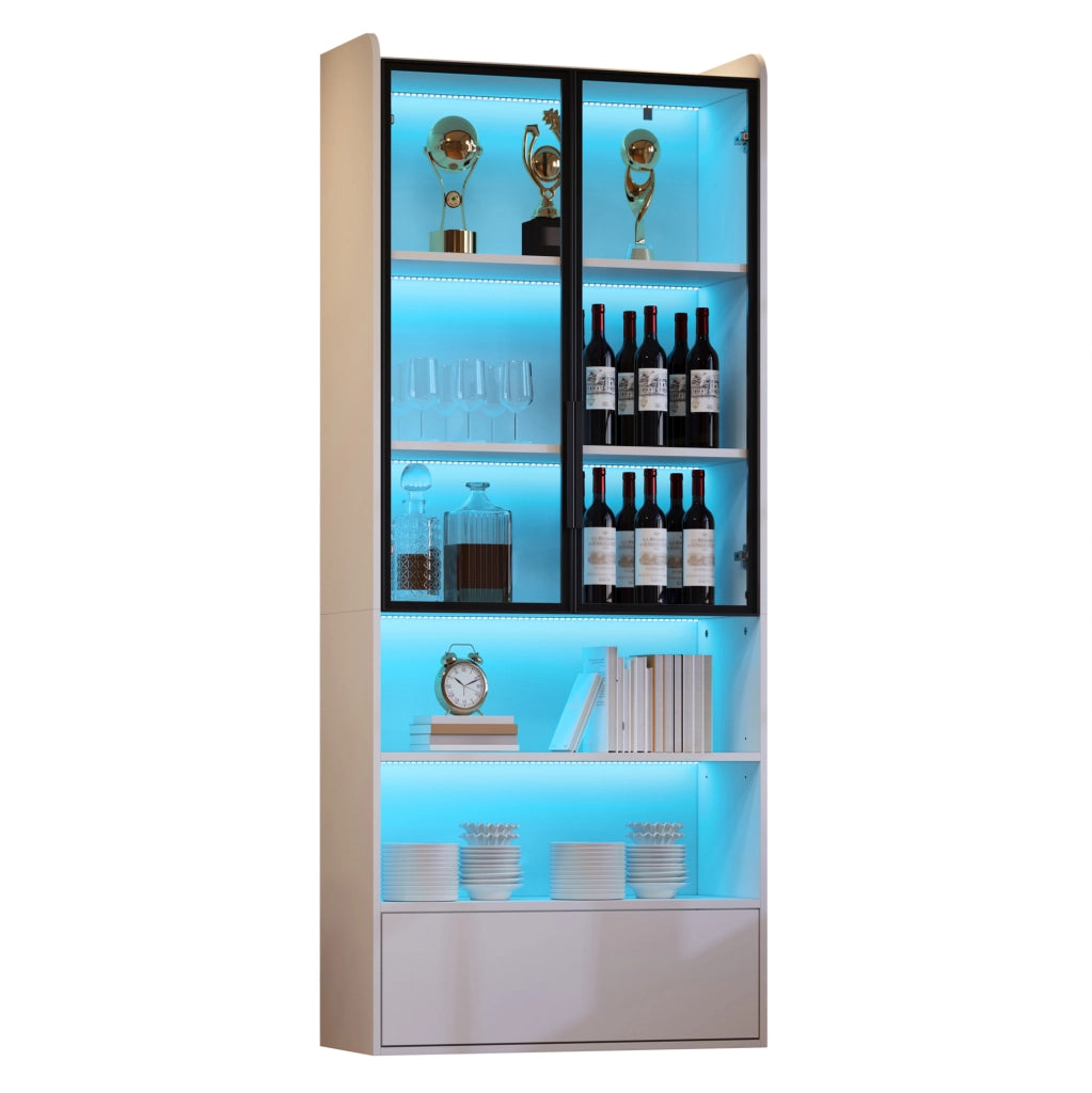 Vetrina alta con 1 cassetto e LED controllabili tramite app; 80 x 34 x 180 cm; MDF bianco