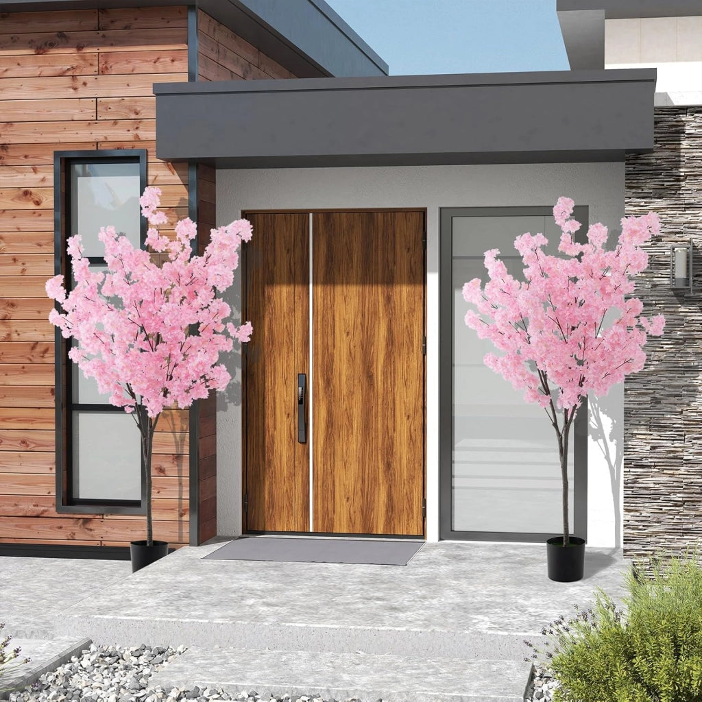 Albero di Finti Fiori di Ciliegio, Albero Artificiale con 900 Fiori Rosa, Tronco in PE Robusto, Base Riempita di Cemento, Pianta Floreale Finta in Vaso per Ufficio e Casa