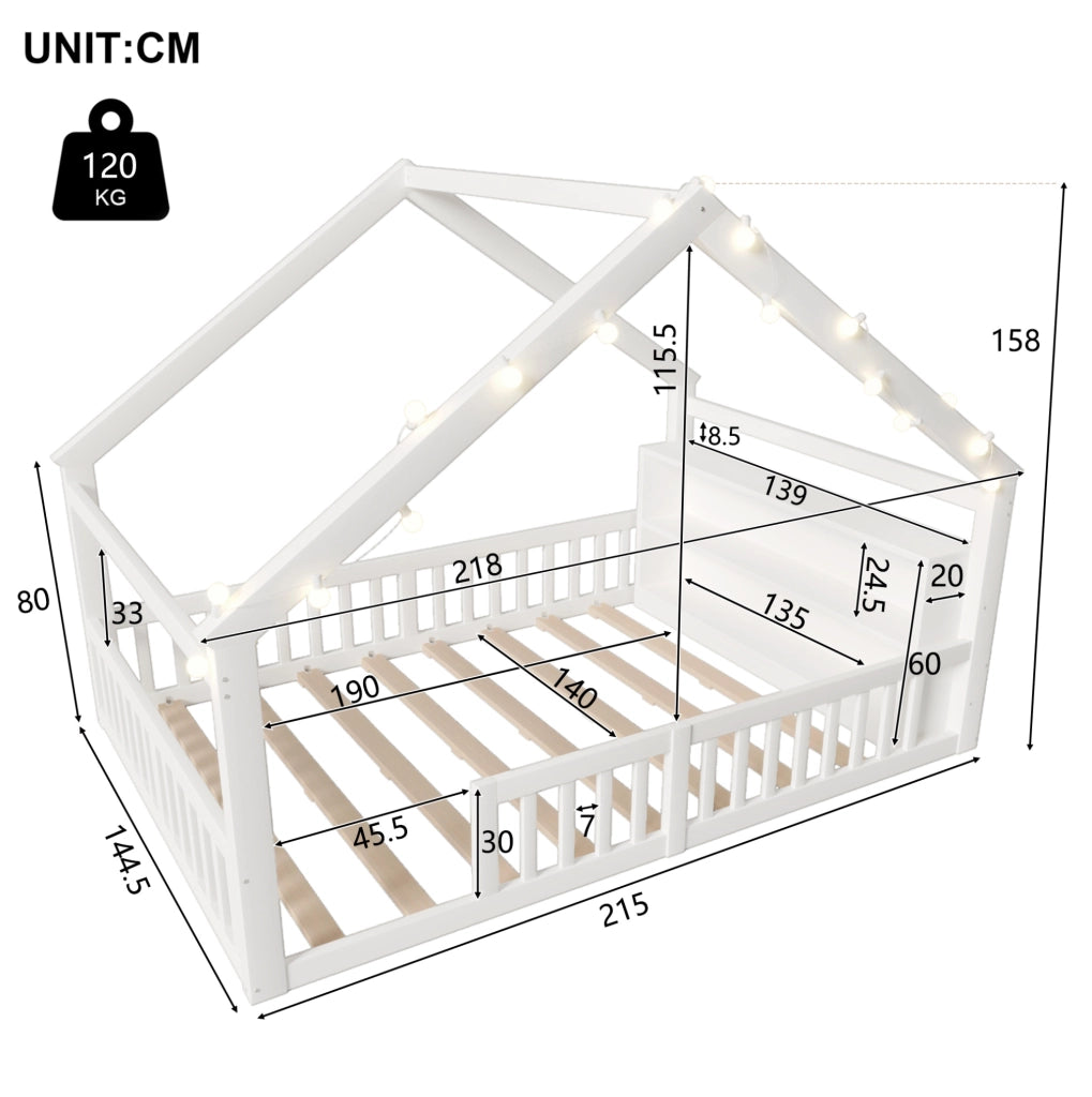 Letto per bambini a casetta 140x190 cm con ripiani, bianco