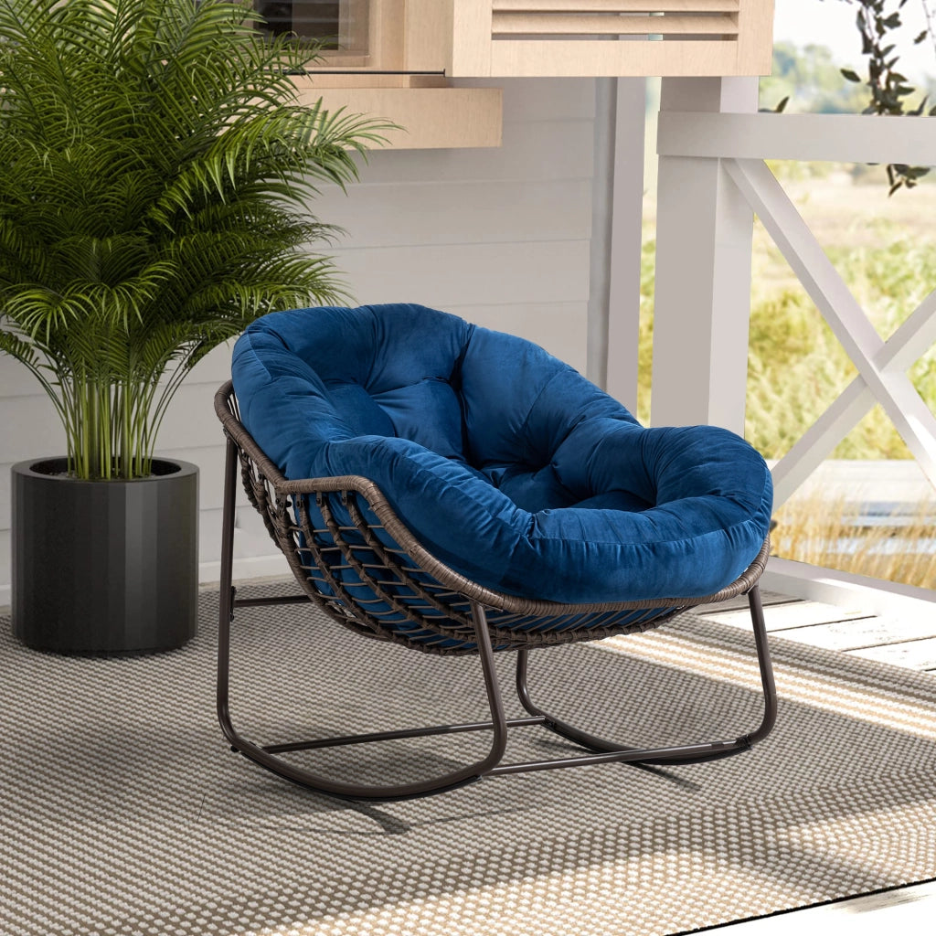Sedia a dondolo in rattan con schienale imbottito per giardino e terrazzo in acciaio blu navy
