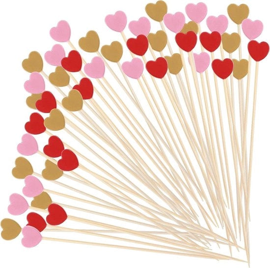 Spiedini Cocktail in forma di cuore - 100 pezzi - Denti per cibo - Per antipasti, charcuterie e altro - Spiedini decorativi per matrimoni e feste - Accessori ideali per cupcake - Bambù - 12 cm.