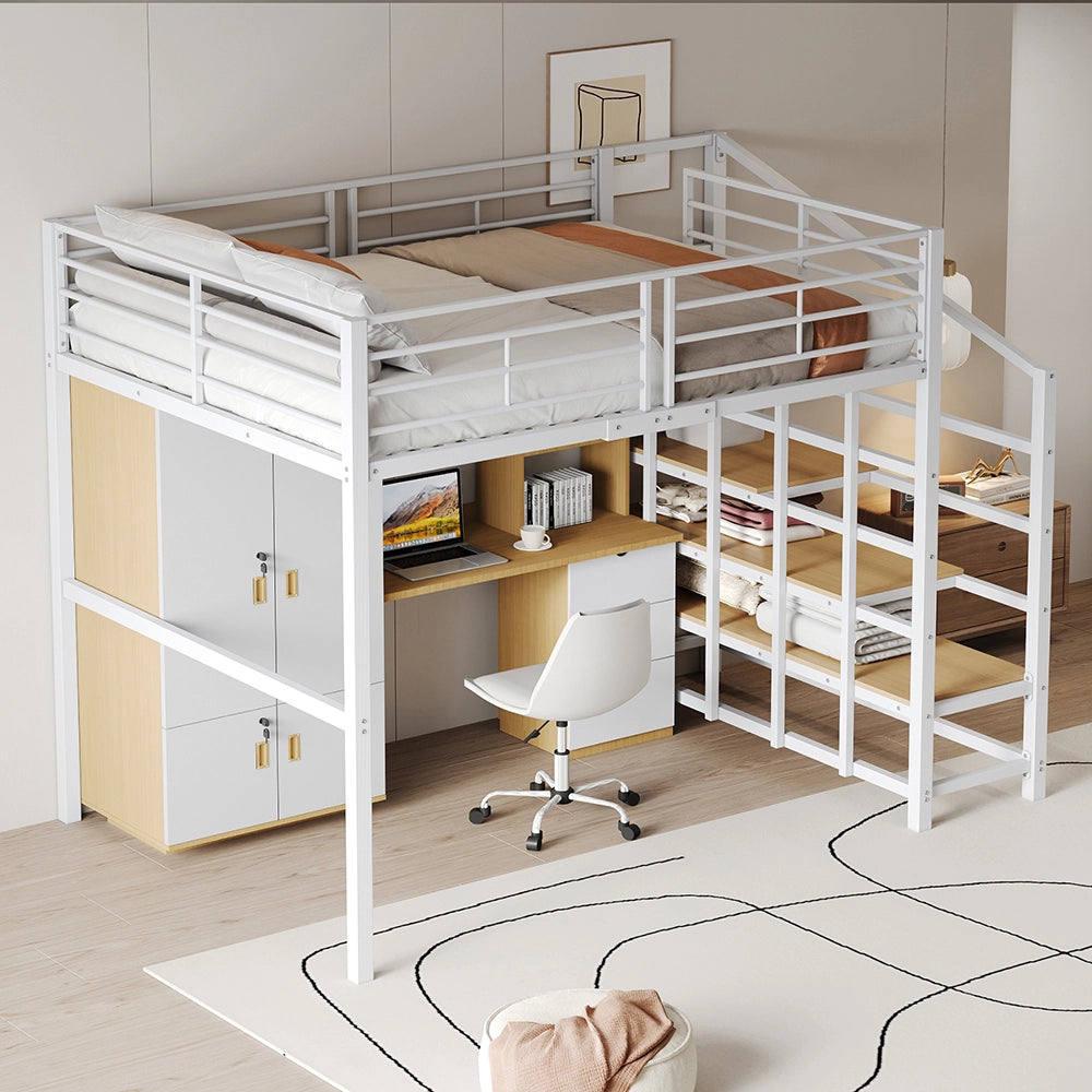Lit mezzanine superpos?? 140x200 cm - Xylo - Metallo con spazio di archiviazione e scala, bianco