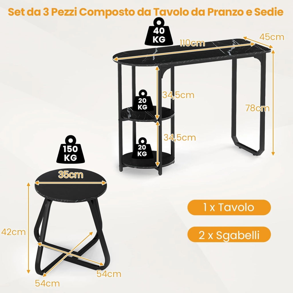 Set da Pranzo Industriale 3 Pezzi, Tavolo da Cucina in Legno con 2 Sgabelli e Ripiani Portaoggetti, Set da Pranzo Salvaspazio per Appartamenti, Cucina e Soggiorno (Nero)