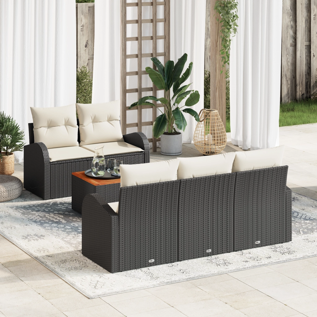 Set Divano da Giardino di 6 Pezzi con Cuscini Nero Polyrattan Acacia