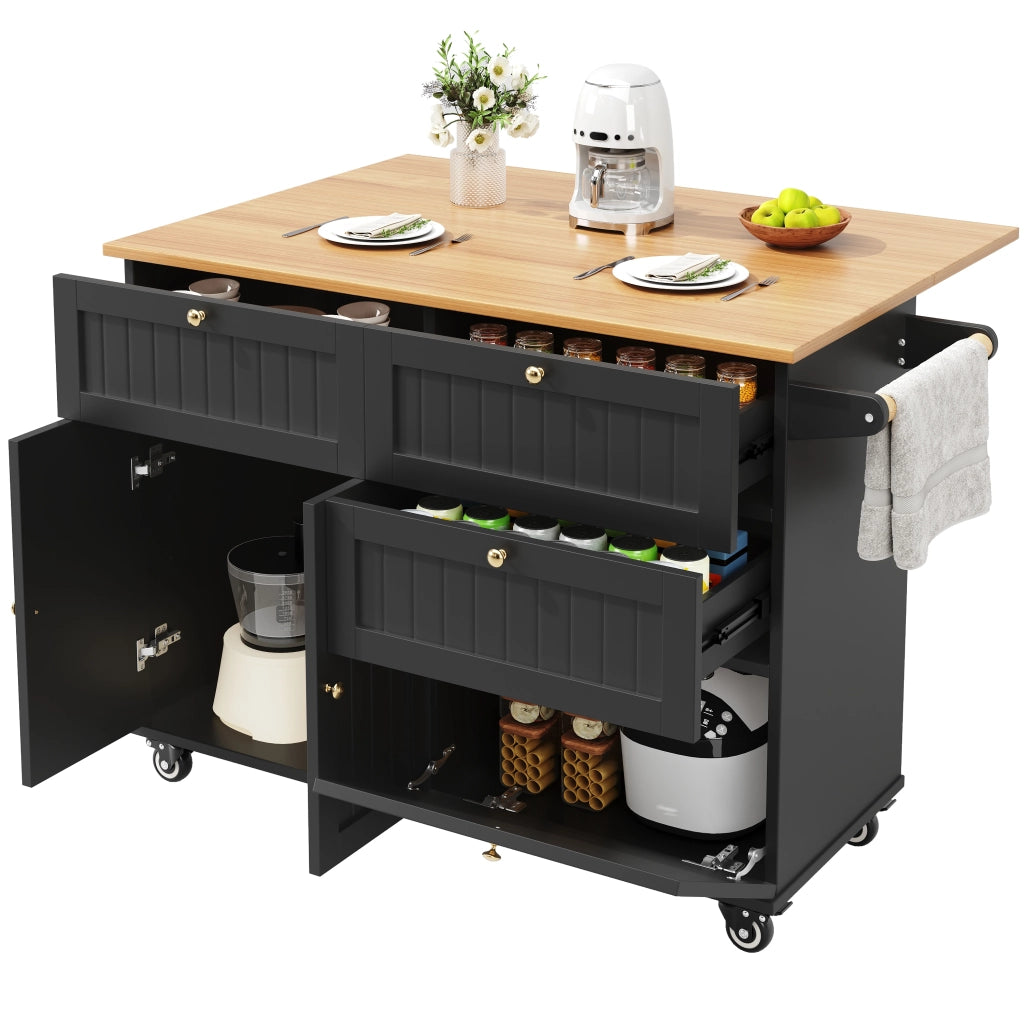 Isola da cucina nera 133 cm pieghevole in MDF con ruote e anta a ribalta