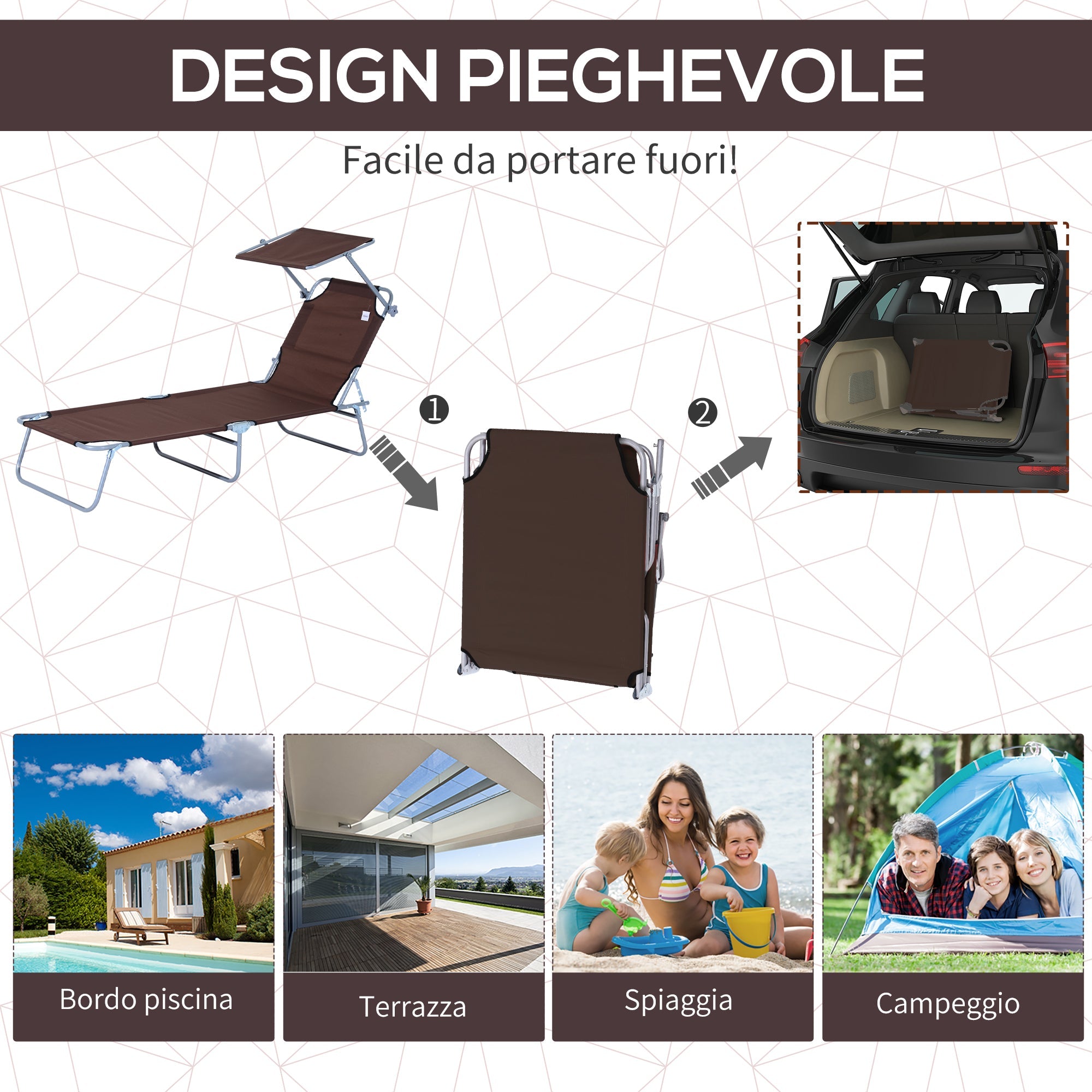 Lettino Prendisole in Ferro Pieghevole Reclinabile con Tettuccio Parasole Oxford Marrone