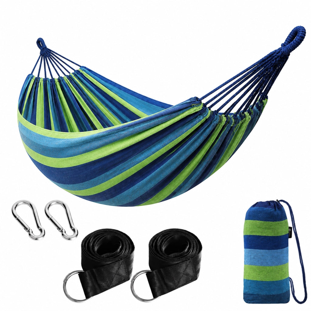 Amaca Per Campeggio E Giardino Con Borsa Portaoggetti Cinghie E Moschettoni Inclusi Design Anti Ribaltamento Cotone Robusto Portata 300 Kg 270 x 150 Cm Blu
