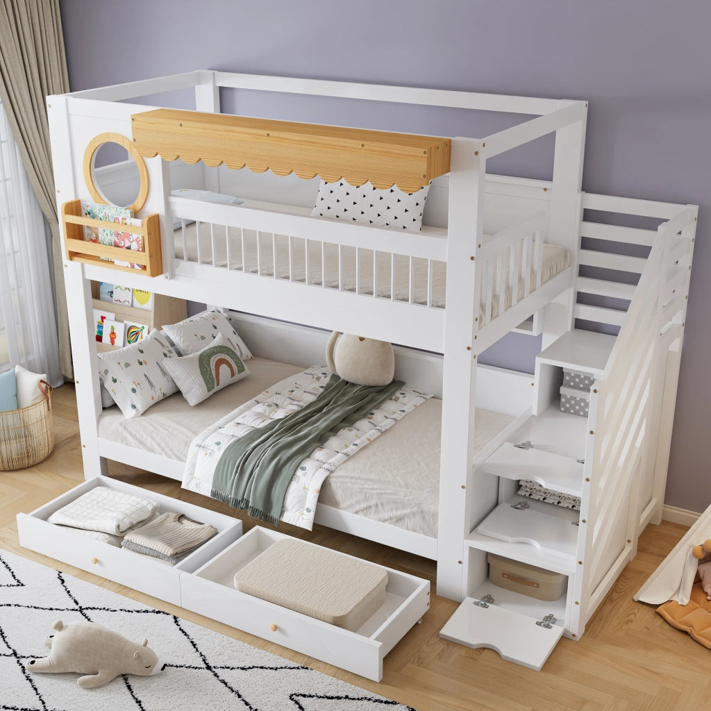 Letto a castello funzione contenitiva in legno massello e MDF bianco naturale 90x200 cm