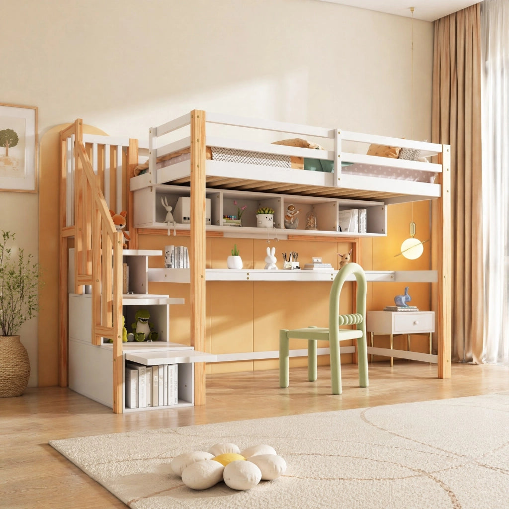 Letto a soppalco per bambini con scrivania integrata e scala contenitore, 90x200 cm, Bianco/Quercia