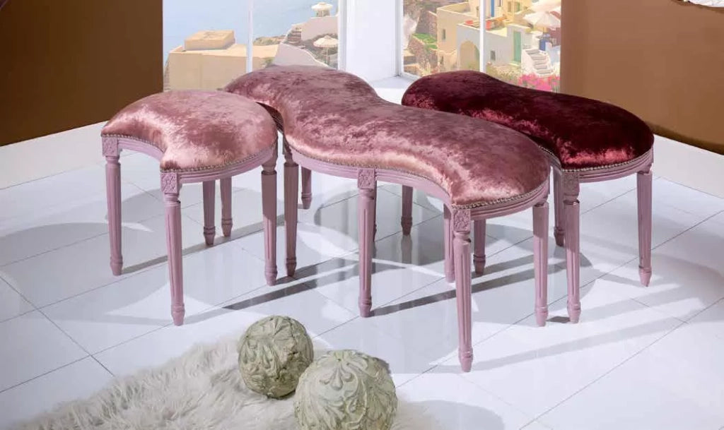 Set 3 panche shabby rosa imbottite in legno intagliato