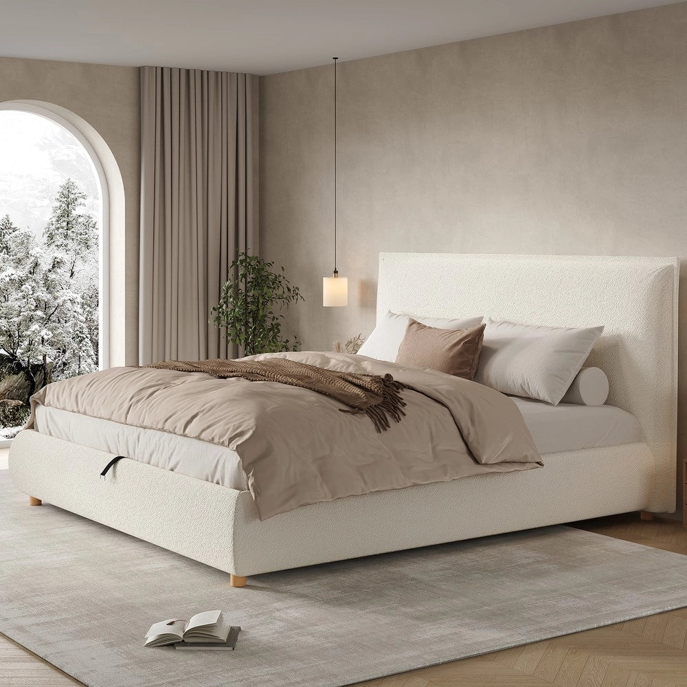 Letto imbottito - Zephmum- 180x200cm- Bianco Boucl¨¦- Idraulico, testiera imbottita, gambe in legno massello