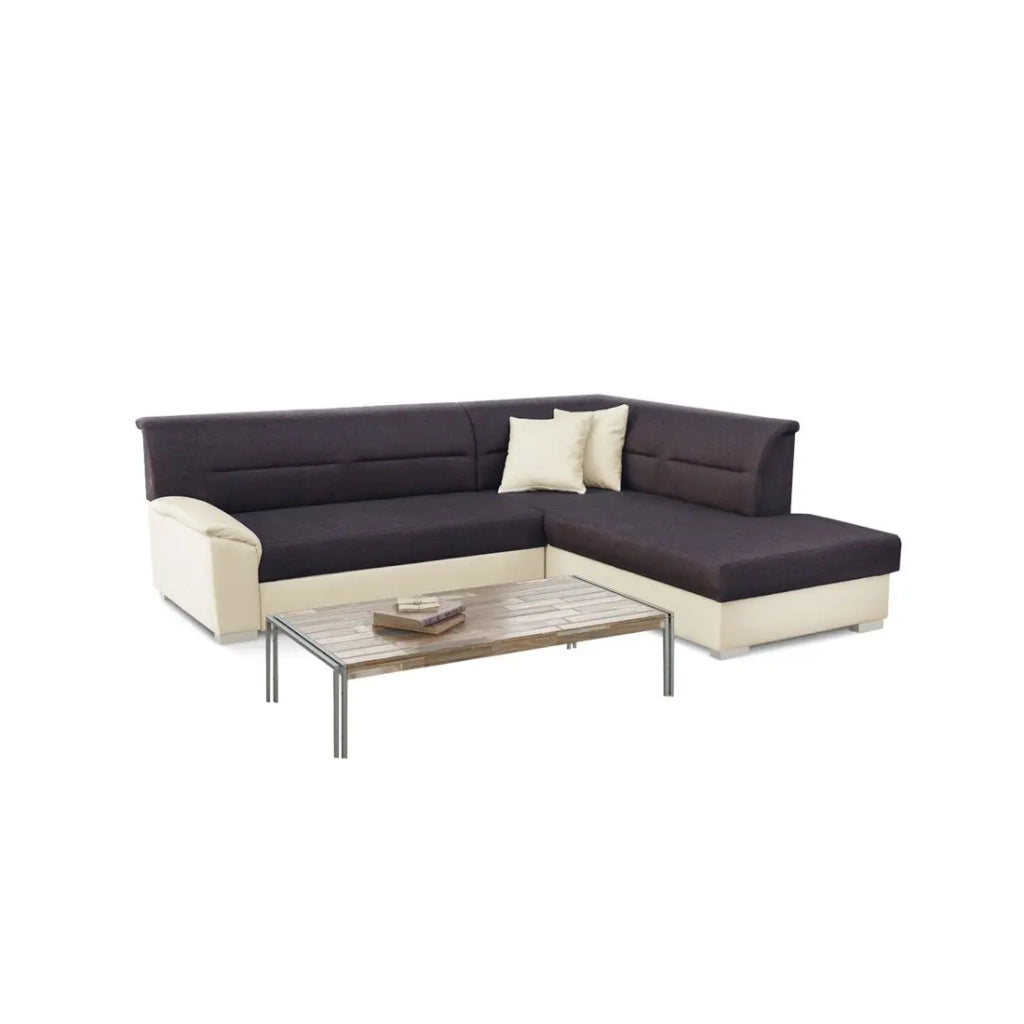 Divano angolare convertibile TROMSO marrone e beige – Angolo destro con contenitore