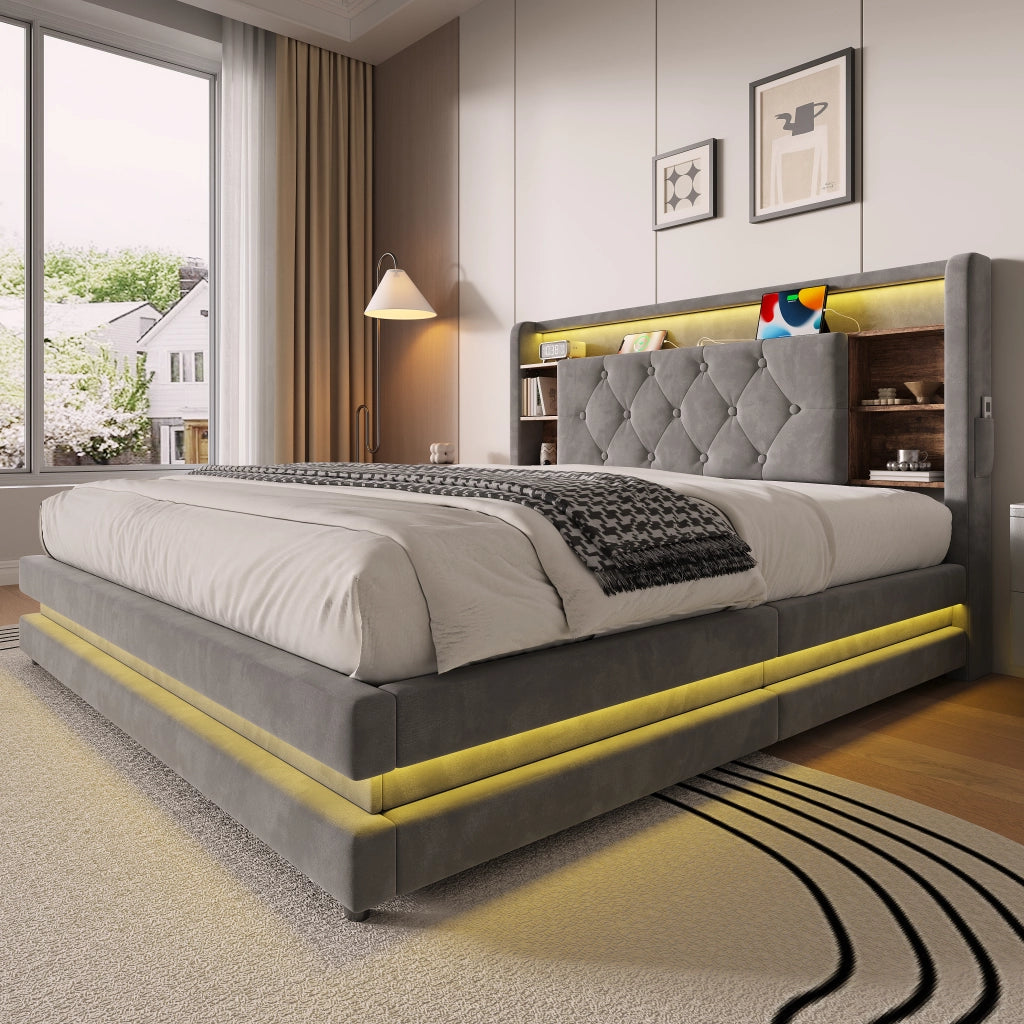 LETTO Contenitore 140x200 cm in velluto grigio con testiera multifunzione