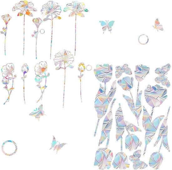 Sticker per finestra - 4 pezzi - PVC - protezione degli uccelli - fiori/farfalle - impermeabile - decorativo e riciclabile - ombreggiatore di luce solare