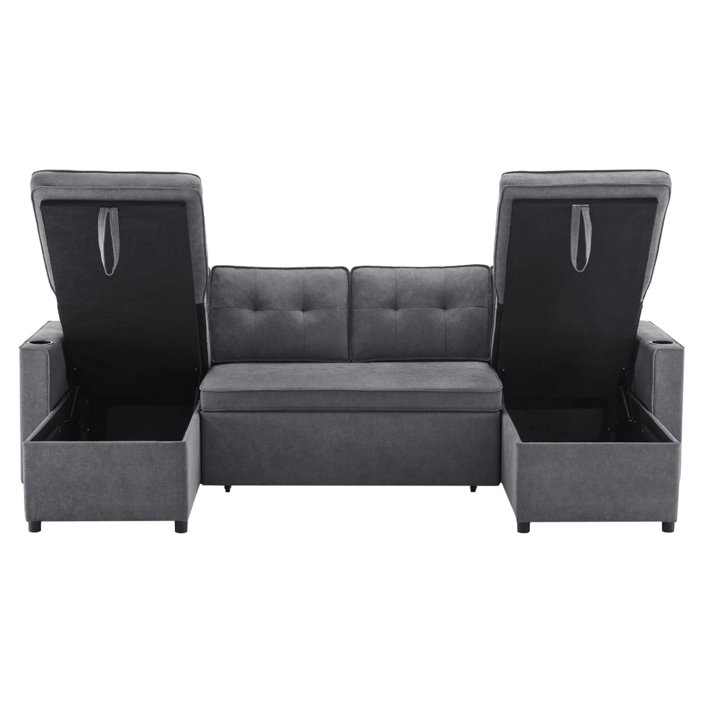Divano Letto U ¨C MINIMAL ¨C Tessuto Cotone Lino, con Portabicchieri e Vani Contenitore