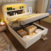 Letto singolo 90x200 cm in velluto beige con testiera regolabile contenitore, LED, USB/Type-C e rete a doghe