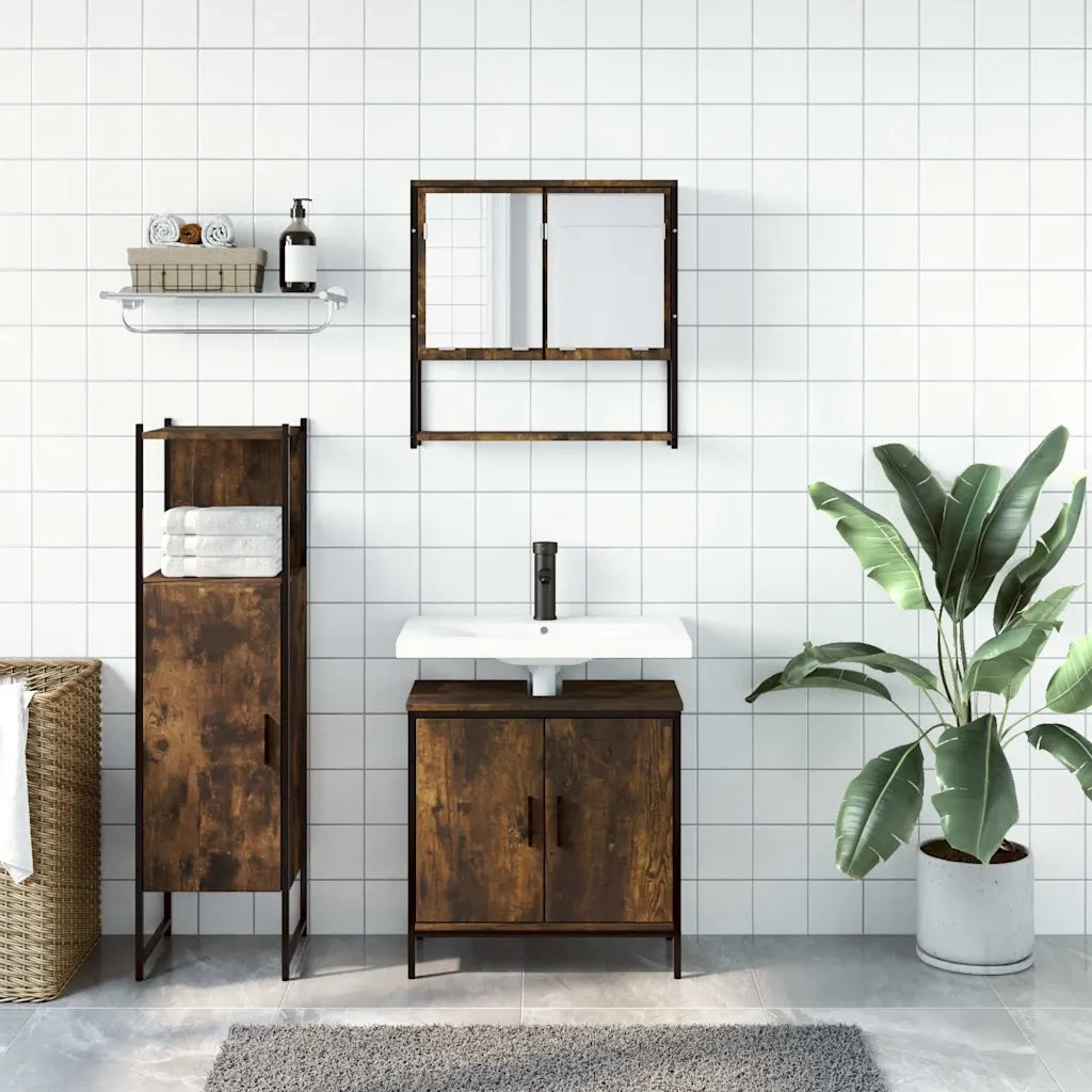 Set Mobili da Bagno | Armadio da bagno 3 pz Rovere Fumo in Legno Multistrato