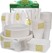 Set di Piatti Biodegradabili - 400 Pezzi Piatti in Bagasse Carta Carta Plastica Cucchiaini Forchette Coltelli Cucchiai Coperchi Rami di Saggina Fazzoletti di carta - Per Feste Campeggio 50 Persone