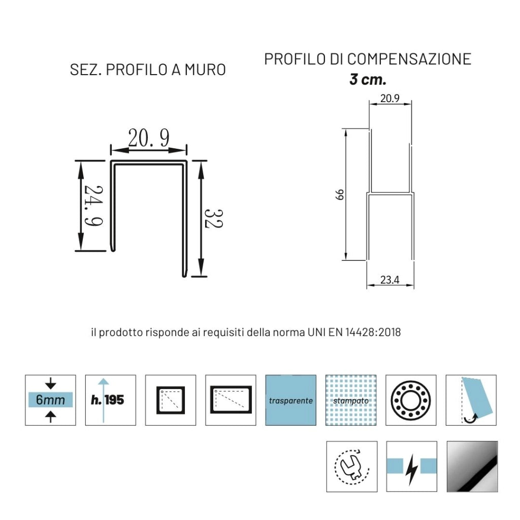 Lato porta box doccia angolare nicchia dafne cristallo 6 mm 75 cm stampato