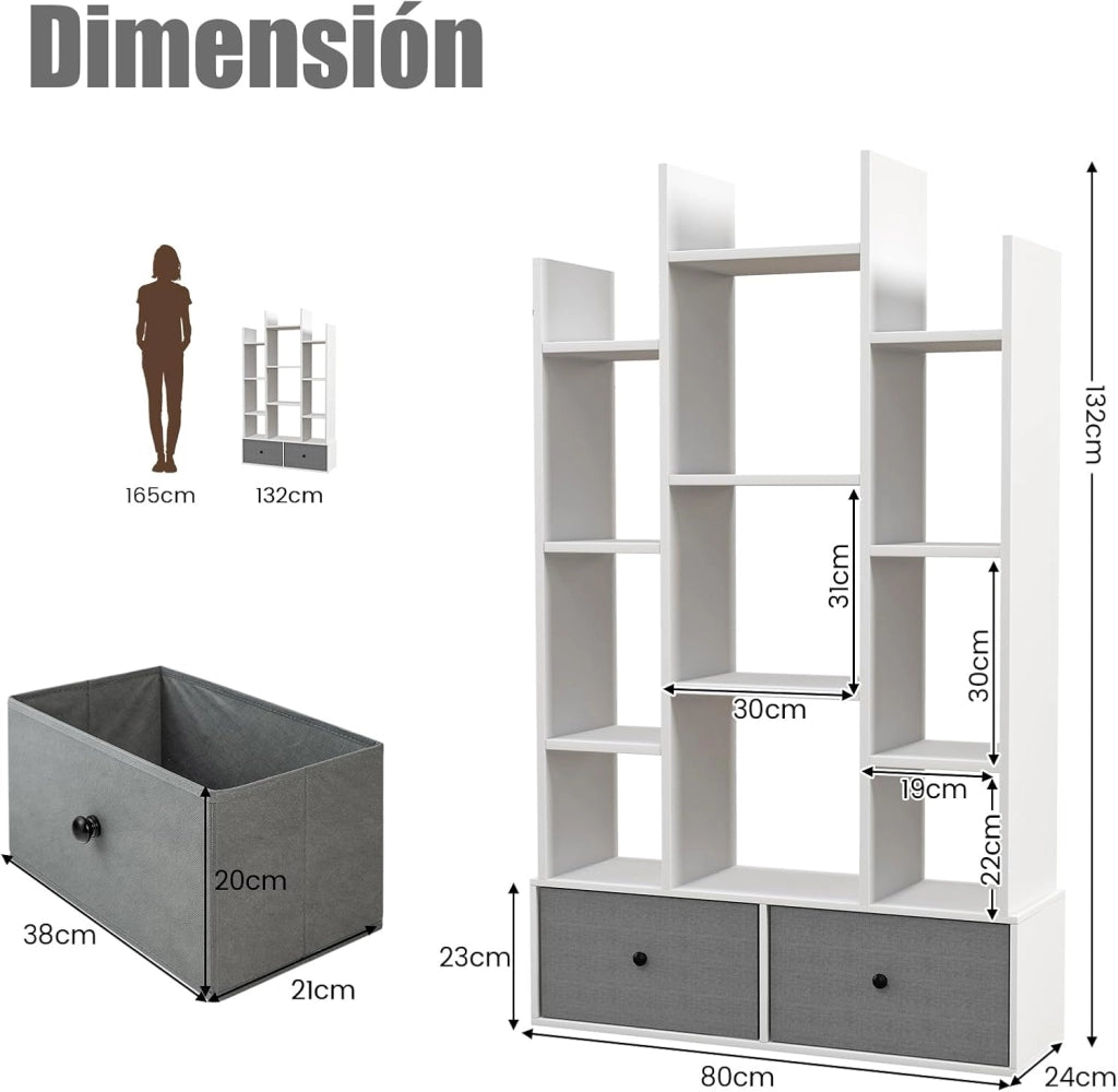 Scaffali portaoggetti a 12 livelli, scaffale in legno, 2 cassetti, scaffale con scomparti aperti, per ufficio, studio, soggiorno, camera da letto, 80 x 24 x 132 cm (bianco)