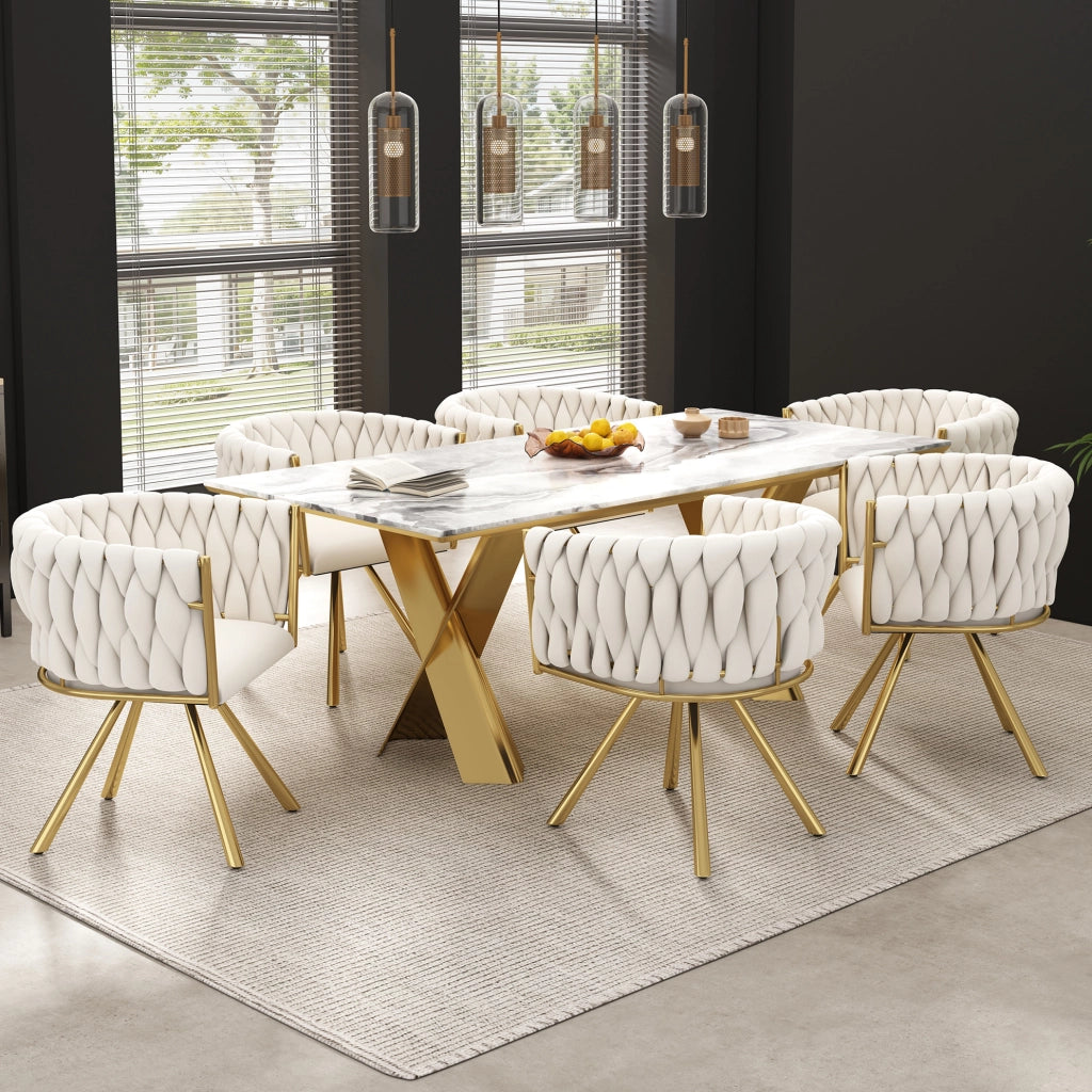 Sedia da pranzo girevole in velluto beige e oro