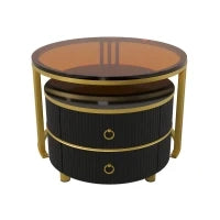 Tavolino 2-in-1 in MDF con Piano Lucido e Piano in Vetro Temperato Marrone, Combinazione Tavolino Soggiorno con 2 Cassetti, Nero