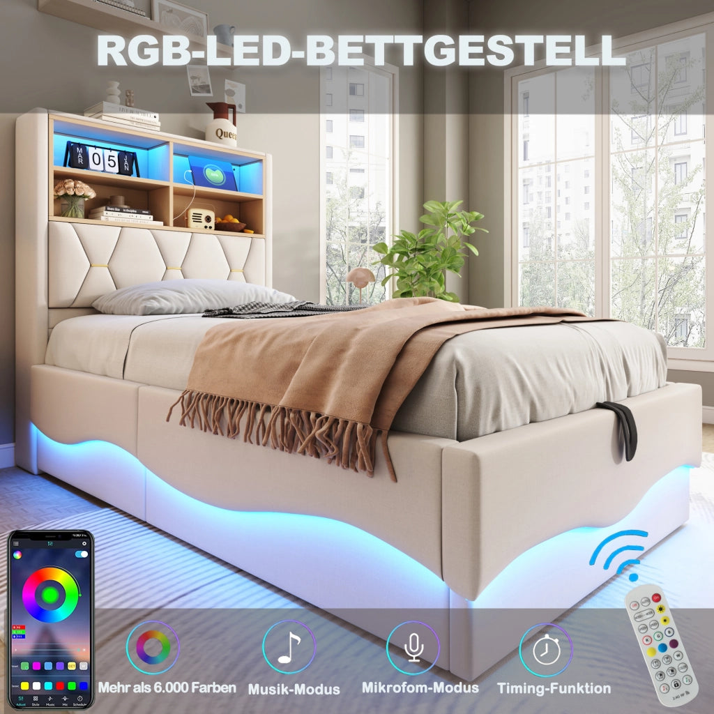DESMIU Lit enfant 90 × 200 cm con LED, USB, vano contenitore, senza materasso, beige