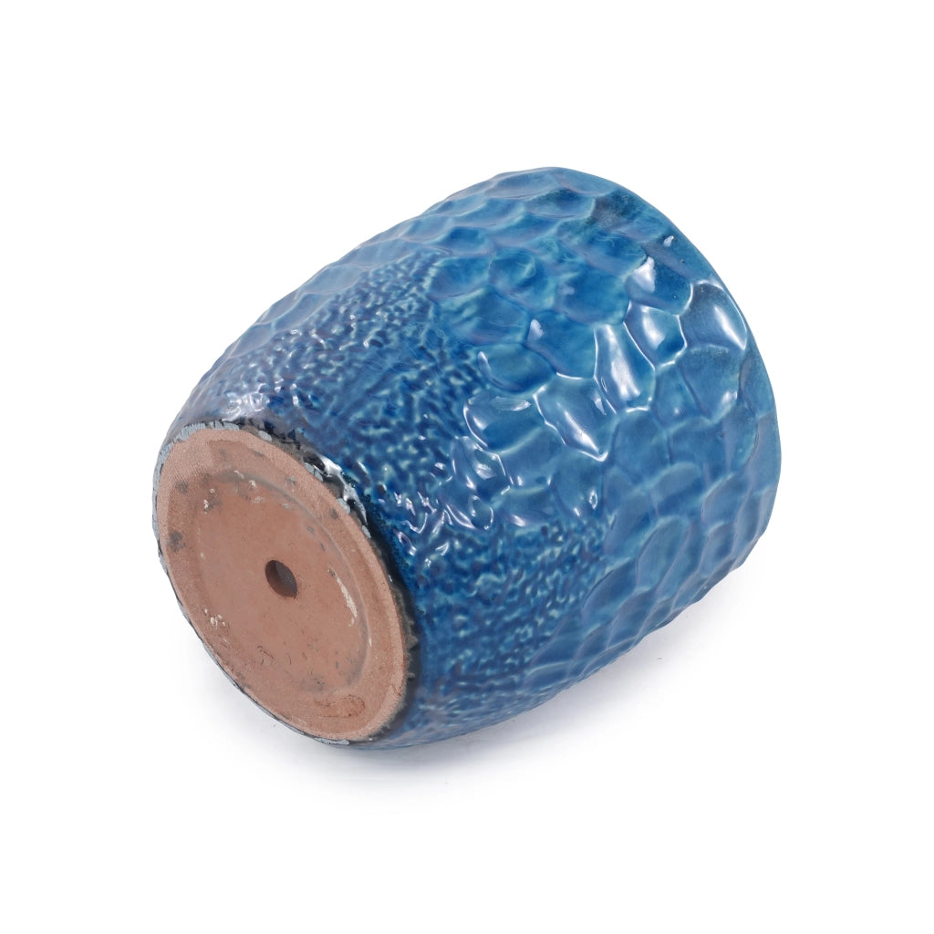 Set di 4 vasi in ceramica blu smaltata con rilievo martellato, per interno e esterno riparato