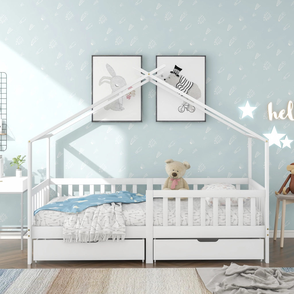 OKWISH Letto a Casetta 90×200 cm, Letto Singolo con 2 Cassetti, Sponde di Sicurezza e Tetto, senza Materasso, in Legno Massello, Bianco