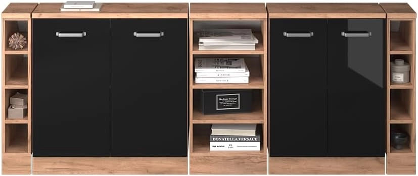 Set di mobili sottotetto Rion, Nero lucido, 210 cm Set di 5 carcasse armadio profondità 60 cm, adatto per il salvaspazio sotto tetti spioventi