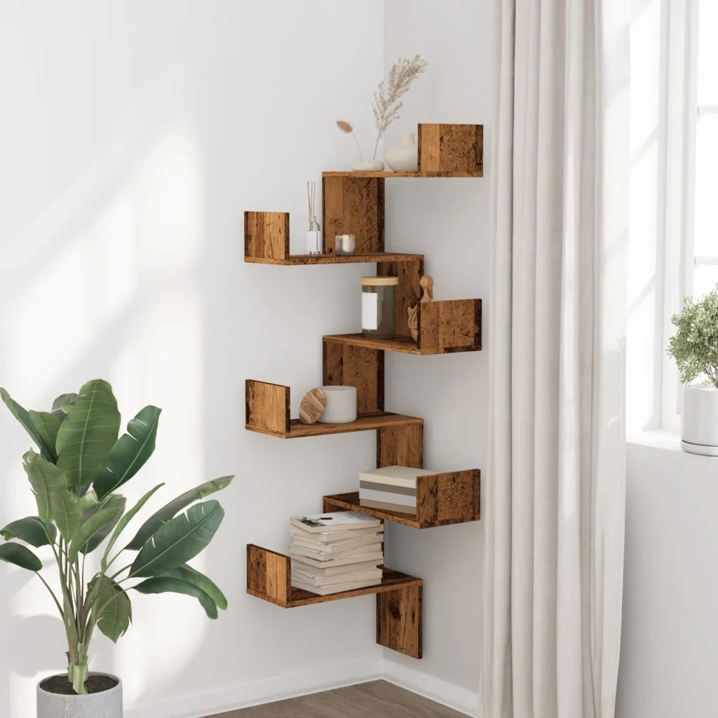 Scaffale Angolare Muro | Mensola a parete Legno Antico 45x45x147 cm Multistrato