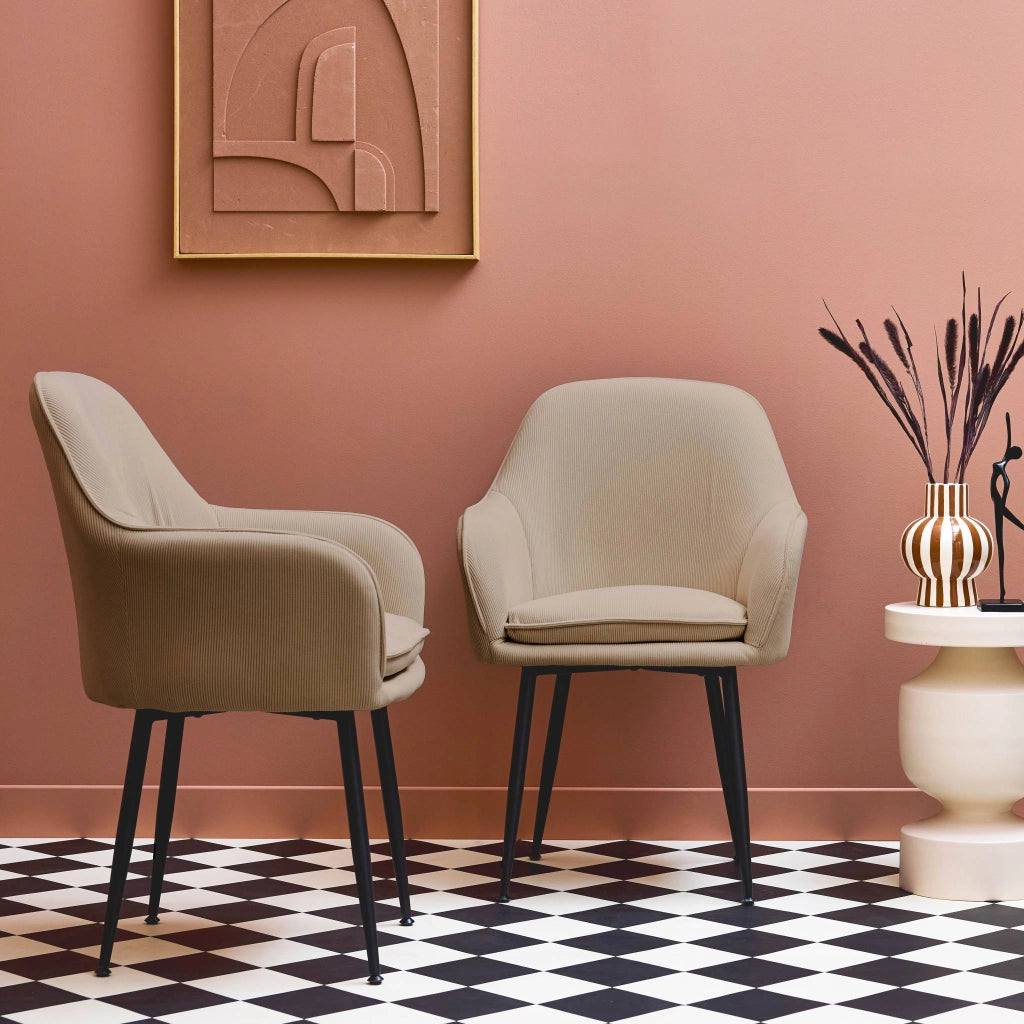 Set 2 poltrone in velluto a coste con gambe in metallo, beige