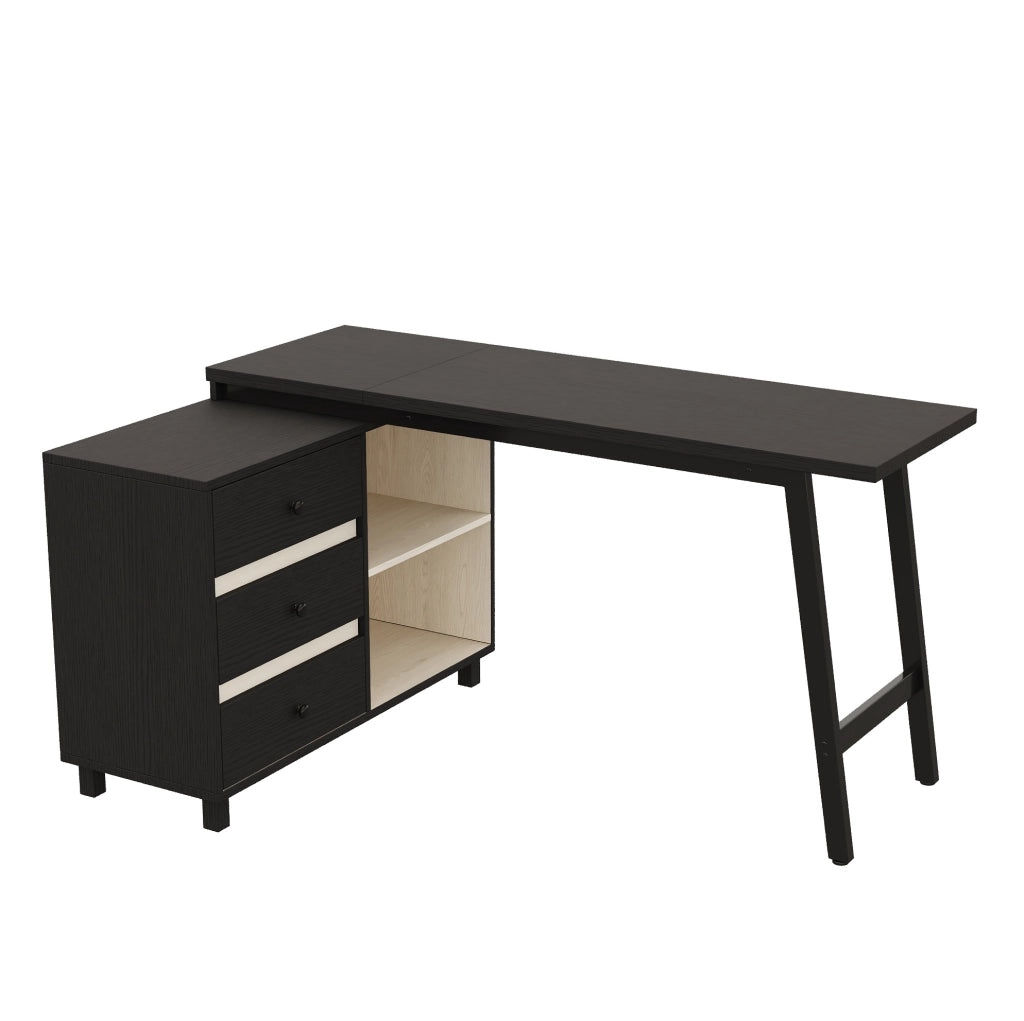 Scrivania angolare 150x100x76 cm con tre cassetti e due vani aperti in MDF e metallo nera