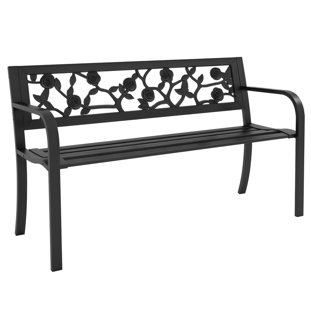 Panchina da giardino 2 posti in acciaio resistente per esterno e terrazzo, schienale decorato e braccioli, 127x50x75cm, nero
