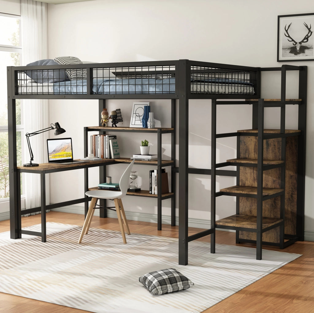Hochbett con scrivania; armadio e ripiani 140x200 cm; nero/marrone