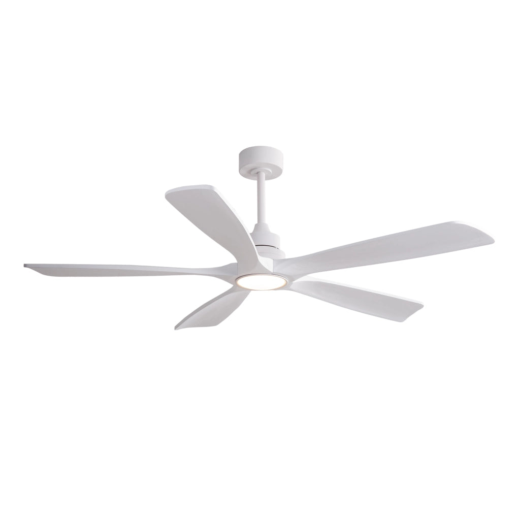 Ventilatore da soffitto da 42 pollici in metallo e legno; 3 pale; luce LED e telecomando; bianco