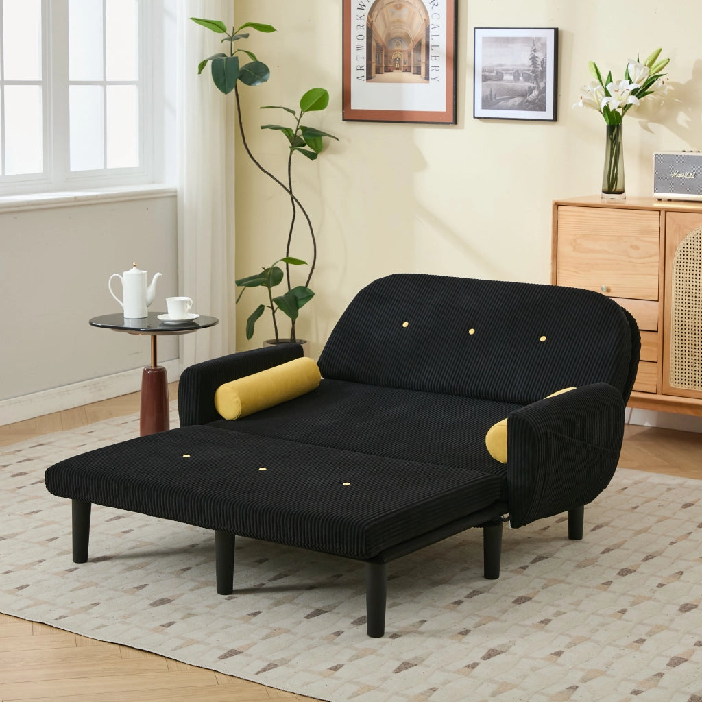 Divano multiforme con schienale regolabile e cuscini cilindrici, struttura in metallo, in velluto nero 119 × 68 × 24 cm