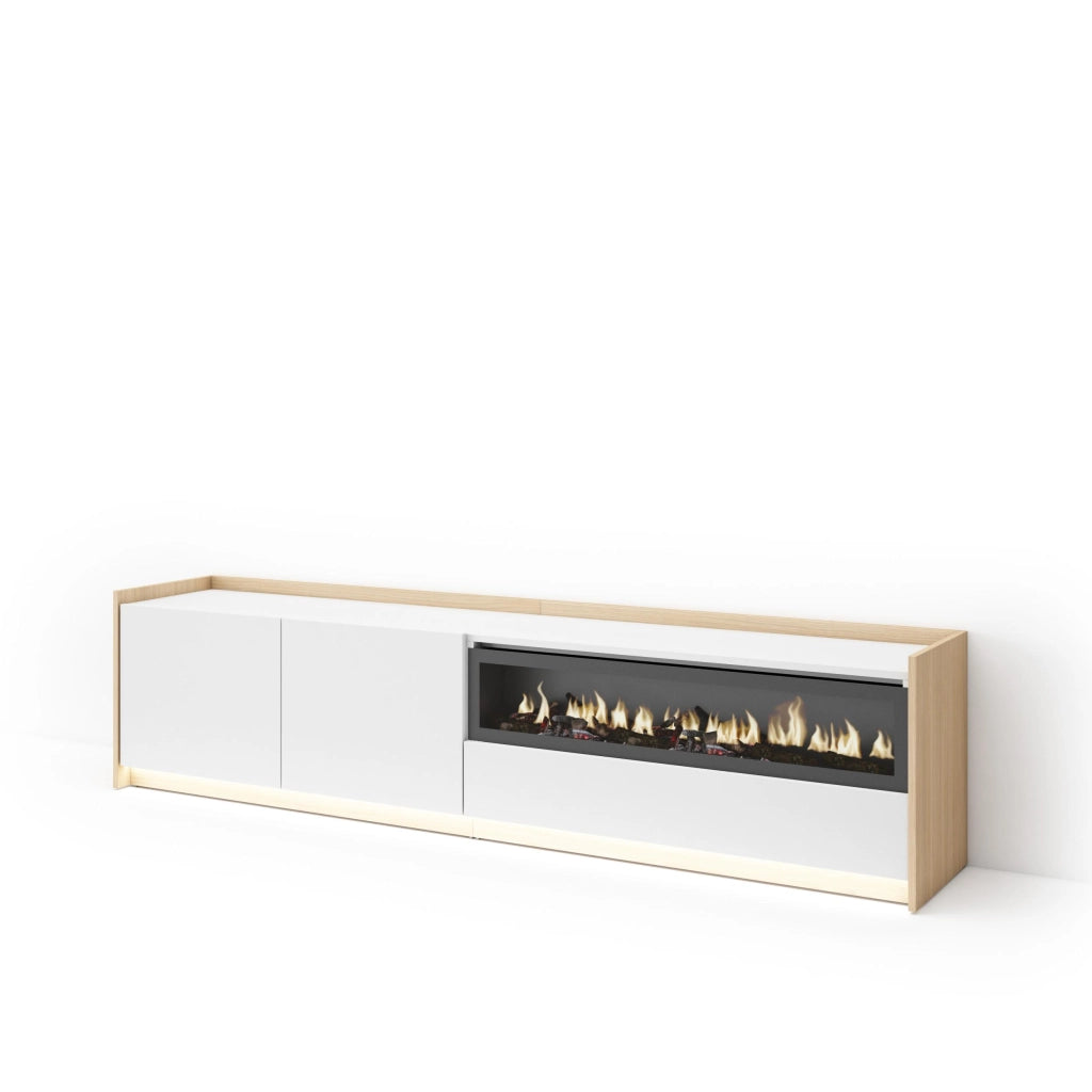 Mobile TV Soggiorno, 207x50x37 cm, Per TV fino a 80", Camino elettrico, LED, Bianco e Rovere soft