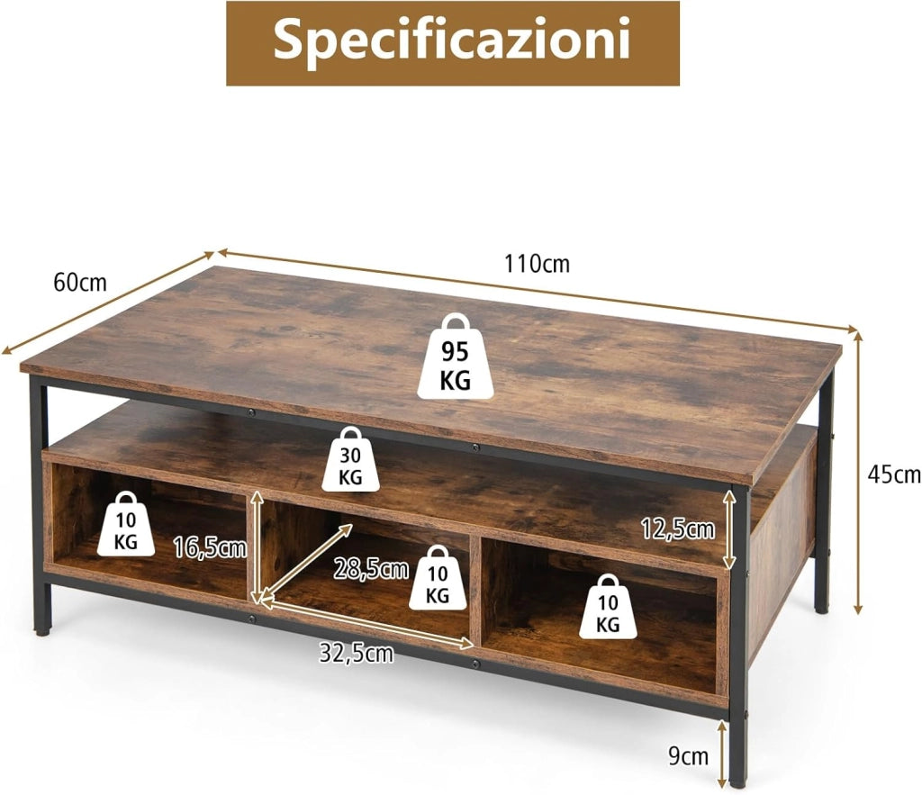 Tavolino da Caffè da Salotto, Tavolino Basso con Mensola Aperta e Telaio in Metallo Resistente, Tavolo Rettangolare in Legno per Soggiorno, Studio e Camera da Letto