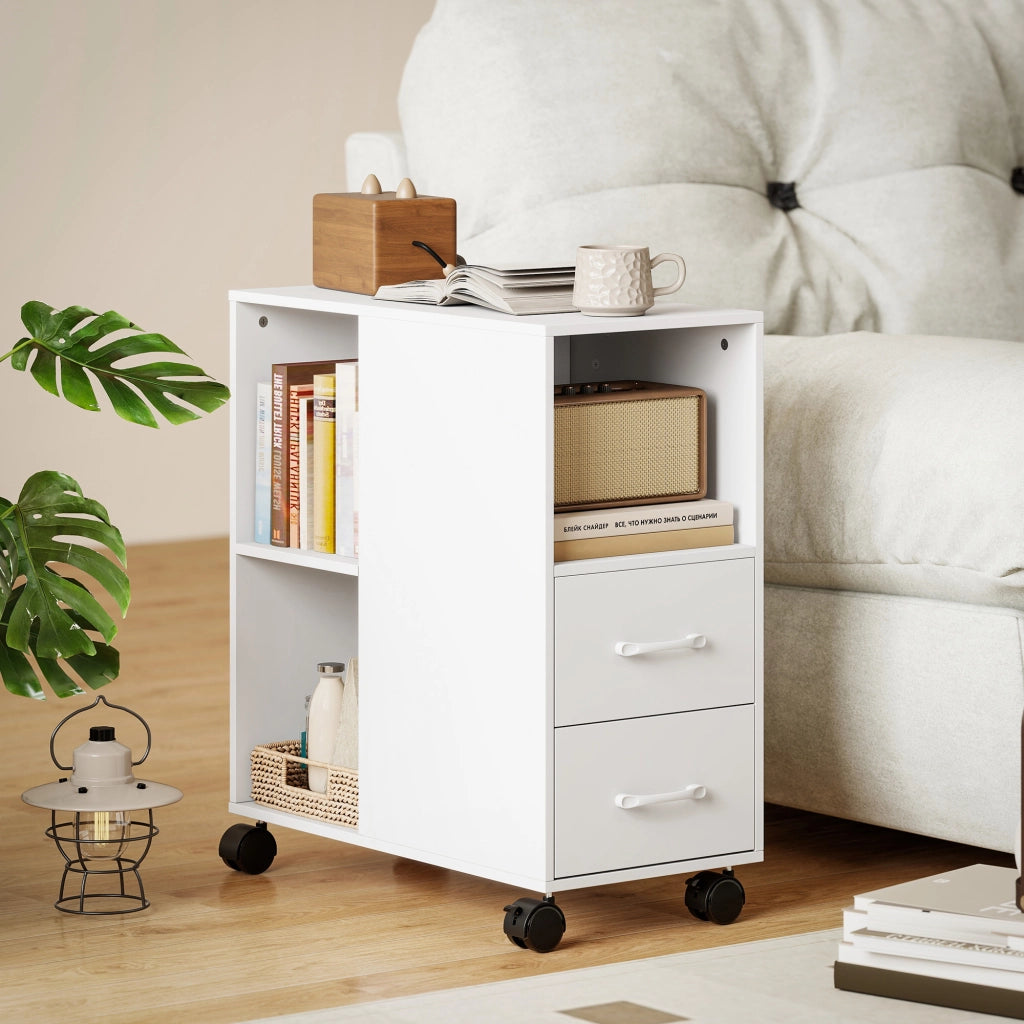 Cassettiera da Ufficio 60x30x65 cm con Ruote Minimal con 2 Cassetti Vano Aperto e Ripiano Regolabile in Legno Bianco