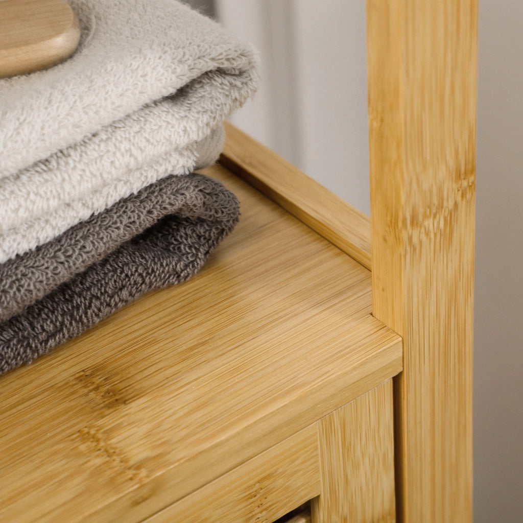 Mobile bagno in bambù con 2 ripiani aperti e armadietto, altezza 120 cm, colore legno naturale