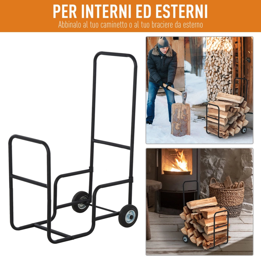 Easycomfort Carrello Portalegna in Metallo Nero con 2 Ruote per Interno ed Esterno, Max. 30kg, 56x40x90.5cm