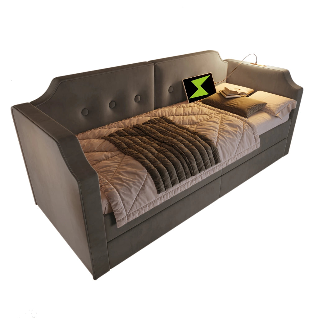 Letto imbottito 90x200 cm in velluto grigio con 2 cassetti, USB Type-C, lampada da lettura e rete a doghe
