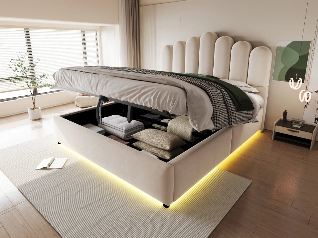 Letto imbottito 140x200 cm con contenitore idraulico, testiera imbottita, LED e rete a doghe, in velluto beige