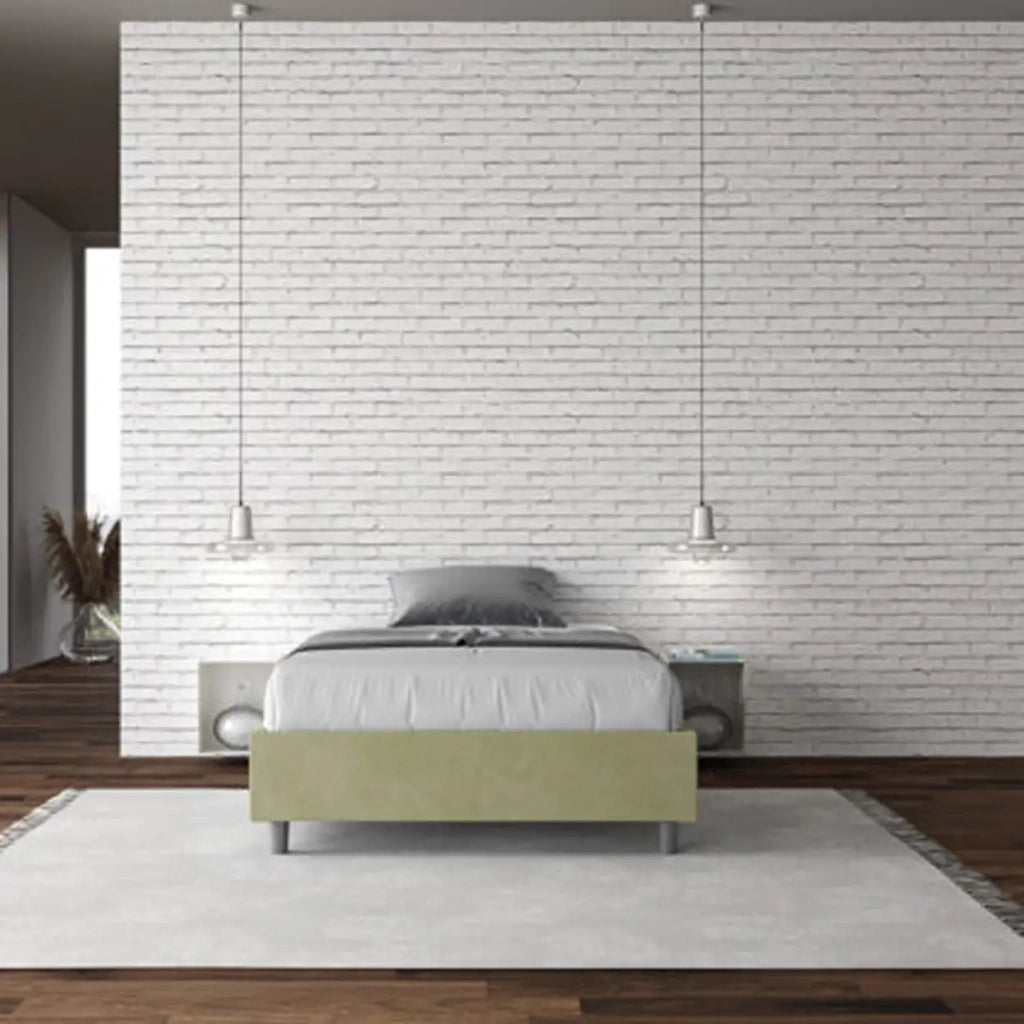 Letto matrimoniale francese con rete imbottito 140x190 microfibra tè verde Azelia