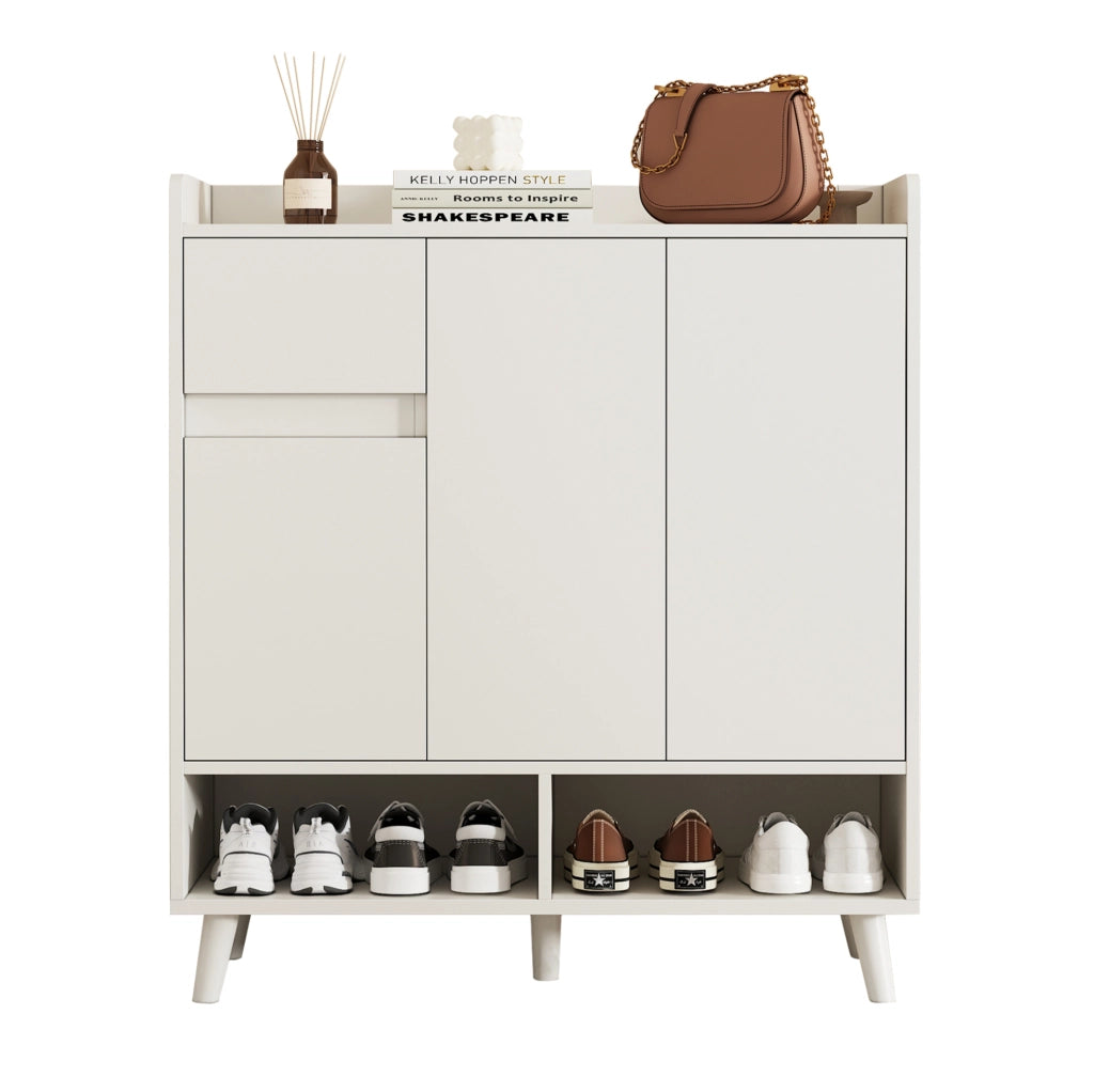 Credenza moderna bianca 90x35x99 cm con ripiani regolabili e gambe in legno massello